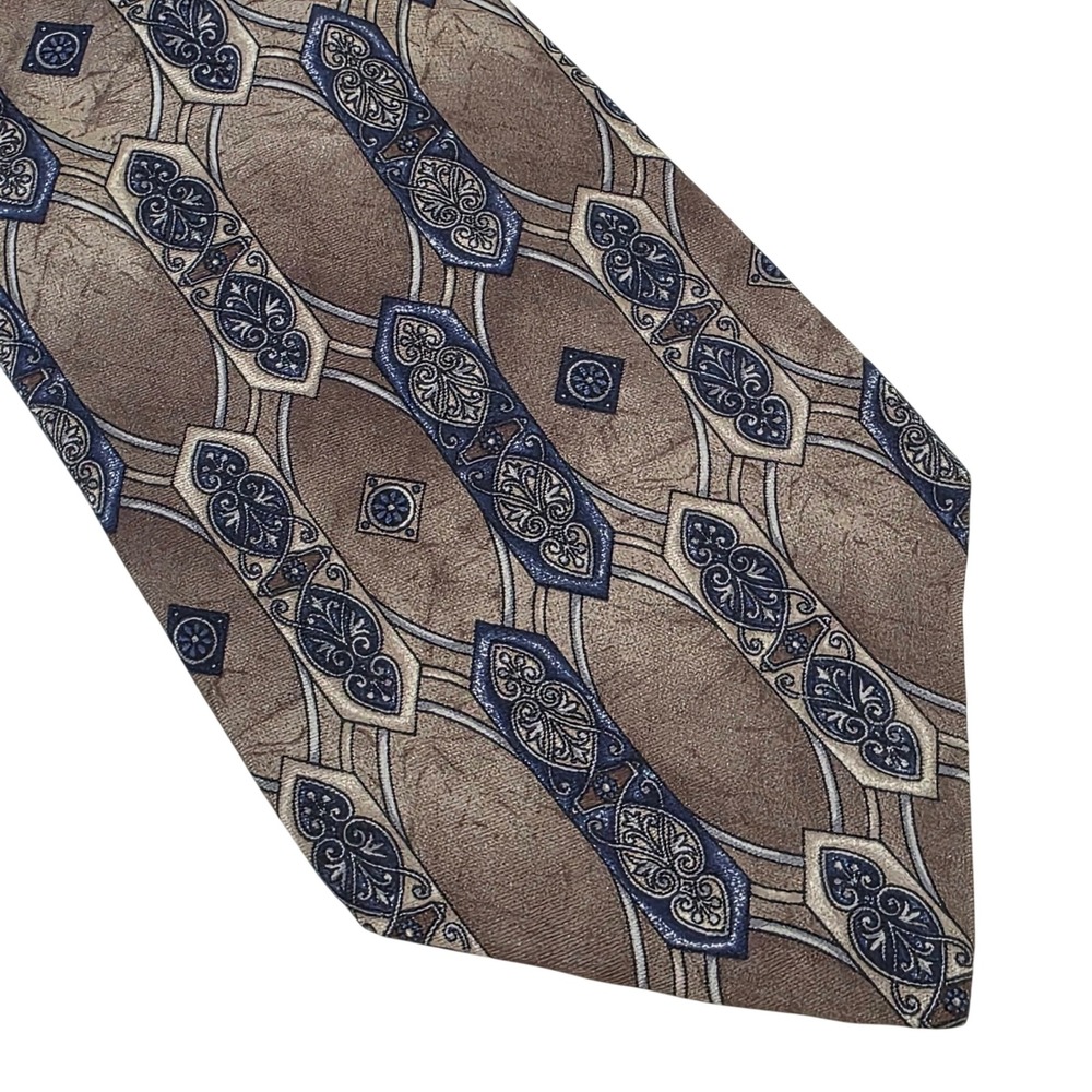 Robert Alan Mens Silk Tie Brown Navy Blue Geometric Medallion Made in USA Italy
